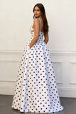 White and Black Polka Dots A-Line Spaghetti Straps Long Prom Dress