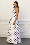 White and Black Polka Dots A-Line Spaghetti Straps Long Prom Dress