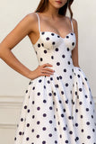 White and Black Polka Dots A-Line Spaghetti Straps Long Prom Dress