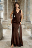 Coffee Mermaid V-Neck Backless Long Wedding Guest Dress