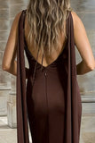 Coffee Mermaid V-Neck Backless Long Wedding Guest Dress