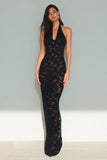 Black Halter Neck Backless Sheath Long Wedding Guest Dress