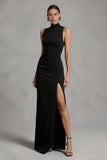 Black High Neck Ruched Long Wedding Guest Dress with Slit