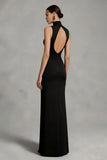 Black High Neck Ruched Long Wedding Guest Dress with Slit