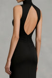 Black High Neck Ruched Long Wedding Guest Dress with Slit