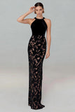 Black Halter Neck Sheath Long Wedding Guest Dress with Lace