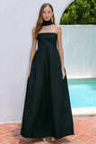 Navy Neck Scarf Strapless A Line Long Wedding Guest Dress