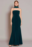 Dark Green Neck Scarf Mermaid Long Wedding Guest Dress