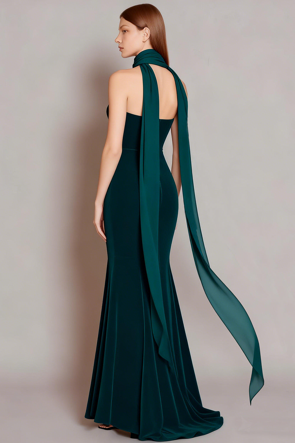 Leely Women Dark Green Long Wedding Guest Dress Neck Scarf Mermaid