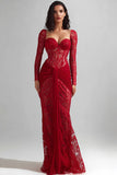 Red Mermaid Lace Long Corset Wedding Guest Dress with Sleeves
