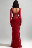 Red Mermaid Lace Long Corset Wedding Guest Dress with Sleeves