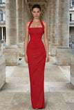 Red Halter Neck Sheath Ruched Long Wedding Guest Dress