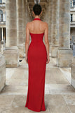 Red Halter Neck Sheath Ruched Long Wedding Guest Dress