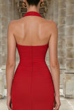 Red Halter Neck Sheath Ruched Long Wedding Guest Dress