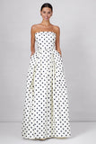 White and Black Polka Dots Long Wedding Guest Dress with Pockets