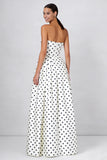White and Black Polka Dots Long Wedding Guest Dress with Pockets