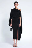 Black One Shoulder Ruched Midi Wedding Guest Dress with Cape