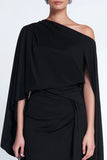 Black One Shoulder Ruched Midi Wedding Guest Dress with Cape