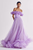 Lilac Ruffled Tulle A Line Off the Shoulder Long Prom Dress