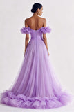 Lilac Ruffled Tulle A Line Off the Shoulder Long Prom Dress