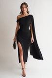 Black Bodycon Ruched One Shoulder Midi Cocktail Dress with Side Cape