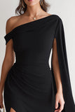 Black Bodycon Ruched One Shoulder Midi Cocktail Dress with Side Cape