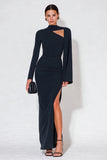 Navy High Neck Ruched Long Sleeves Formal Dress with Slit