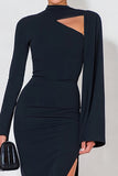 Navy High Neck Ruched Long Sleeves Formal Dress with Slit