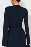 Navy High Neck Ruched Long Sleeves Formal Dress with Slit