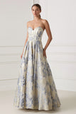 Floral Dusty Blue Sweetheart Jacquard A Line Long Corset Prom Dress