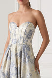 Floral Dusty Blue Sweetheart Jacquard A Line Long Corset Prom Dress