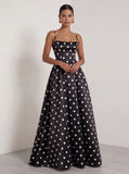 White and Black Polka Dots Spaghetti Straps Long Prom Dress