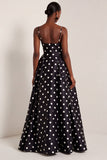 White and Black Polka Dots Spaghetti Straps Long Prom Dress