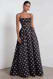 White and Black Polka Dots Spaghetti Straps Long Prom Dress