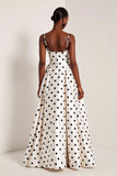 White and Black Polka Dots Spaghetti Straps Long Prom Dress