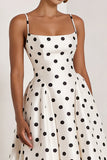 White and Black Polka Dots Spaghetti Straps Long Prom Dress