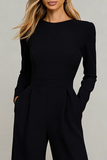 Black Crew Neck Open Back Formal Jumpsuits with Sleeves