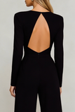 Black Crew Neck Open Back Formal Jumpsuits with Sleeves