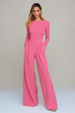Black Crew Neck Open Back Formal Jumpsuits with Sleeves