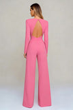 Black Crew Neck Open Back Formal Jumpsuits with Sleeves