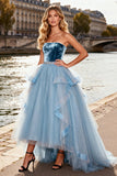 Sparkly Sky Blue Tulle Velvet A Line Long Prom Dress with Ruffles