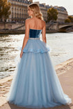 Sparkly Sky Blue Tulle Velvet A Line Long Prom Dress with Ruffles