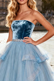 Sparkly Sky Blue Tulle Velvet A Line Long Prom Dress with Ruffles