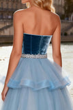 Sparkly Sky Blue Tulle Velvet A Line Long Prom Dress with Ruffles