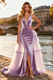 Sparkly Purple Velvet Ruffled Beaded Long Prom Dress with Cape