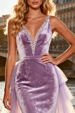 Sparkly Purple Velvet Ruffled Beaded Long Prom Dress with Cape