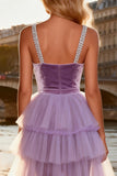 Sparkly Purple Velvet Ruffled Beaded Long Prom Dress with Cape