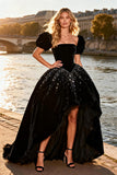 Sparkly Black Velvet Beaded A Line High-Low Prom Dress