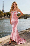 Sparkly Pink Mermaid Beaded Velvet Long Prom Dress