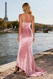 Sparkly Pink Mermaid Beaded Velvet Long Prom Dress